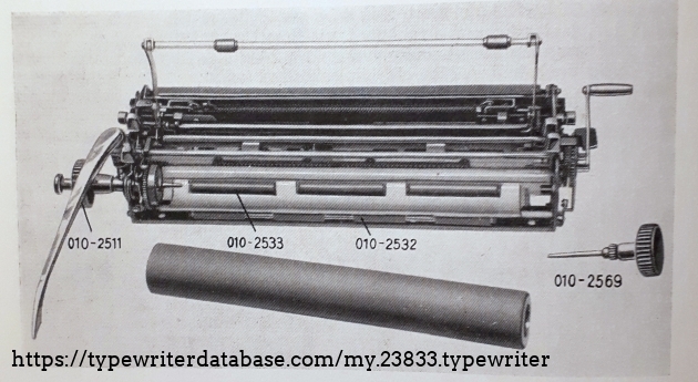 The carriage module in a drawing (thanks, Jaap Horstink). The pins of 010-2569  and 010-2511 fit in the platen with a taper and an M3 thread! The two platen knobs can be very difficult to pull, you need to screw them out against the friction in the tapers!