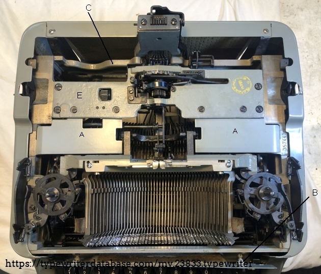 top view without carriage and top cover
At A: simple dust covers
At E: a casting with escapement and tabulator brake. Gearwheel to right of E is to set the brake force.
Below at B: the pins that clamp the 'firewall' to the base.
On top at C: the rear wall casting.