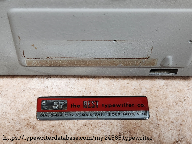 Notice the rectangle on the case. This label came off of it. I thought about putting it back on, but decided I'd rather have the original finish of the typewriter. The address of the shop ion question (117 S Maine Ave, Sioux Falls, SD) is now literally a parking lot.