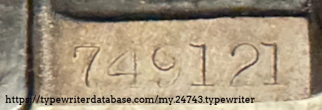 Serial Number plate, righthand top of frame, under the carriage, No. 749121, Jan. 1915 manufacture date.