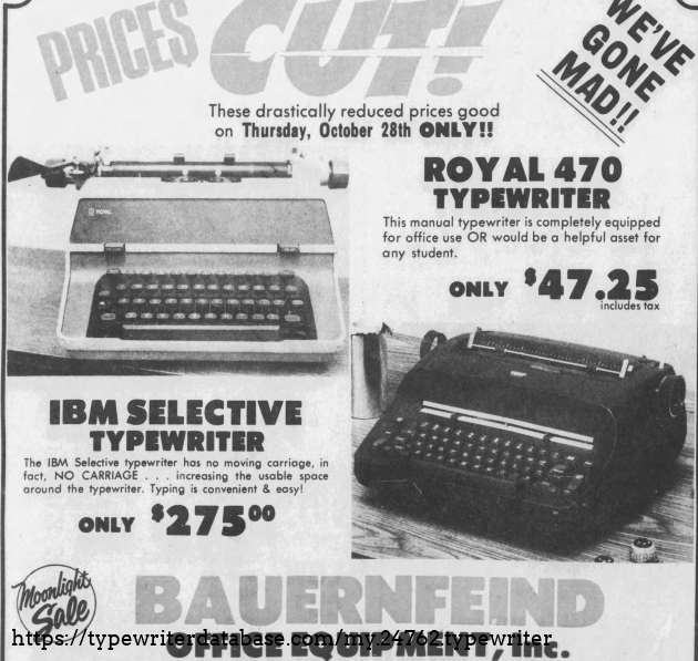 An unusual ad from 1982 in that they even bothered to do one for a 470. It shows the 6x value of a used standard machine vs an early Selectric.