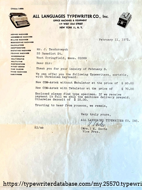 Original letter from All Languages Typewriter Company to Mr. J Teodorowych of West Springfield, Massachusetts. Original letter from All Languages Typewriter Company to Mr. J Teodorowych of West Springfield, Massachusetts.