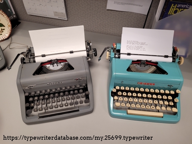 My two QDLs, made 6 years apart. A few differences: the 1957 has a button to pop-up the ribbon cover, a "1" key, and notches cut out of the sides to accommodate more keys. Slightly different typefaces, too, as the '57 has Canterbury. The red logo on the turquoise model is also a nice touch. I do like the art deco flourishes around the ribbon color change lever and ribbon reverse lever on the older QDL, though. My two QDLs, made 6 years apart. A few differences: the 1957 has a button to pop-up the ribbon cover, a "1" key, and notches cut out of the sides to accommodate more keys. Slightly different typefaces, too, as the '57 has Canterbury. The red logo on the turquoise model is also a nice touch. I do like the art deco flourishes around the ribbon color change lever and ribbon reverse lever on the older QDL, though.