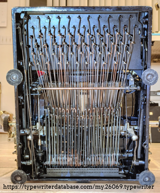 The underside of any Royal typewriter is an absolute maze of linkages and springs and, due to the way things are constructed, makes fine tuning essential for good operation, but also a very tedious job. It also means that access for cleaning and service is challenging.