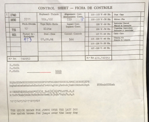 Here's the Quality Control sheet that came with this NOS typewriter. It indicates that this typewriter was tested in 1984, so I assume it was made that year as well. (The current Typewriter Database serial number set for Facit does not include models manufactured later than the early 1970s.)