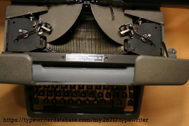 The plate inside the lid says "Please use ribbons for Imperial 66 in this machine"
Given that the unit came with a ribbon which had '66' stamped on it, it seems someone was following instructions The plate inside the lid says "Please use ribbons for Imperial 66 in this machine"
Given that the unit came with a ribbon which had '66' stamped on it, it seems someone was following instructions