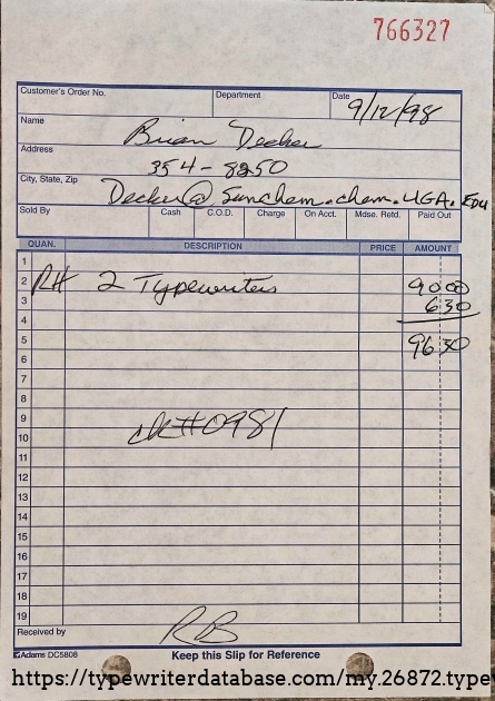 Sales receipt for this machine and for my 1948 S-C Sterling, bought together at the same time and place.