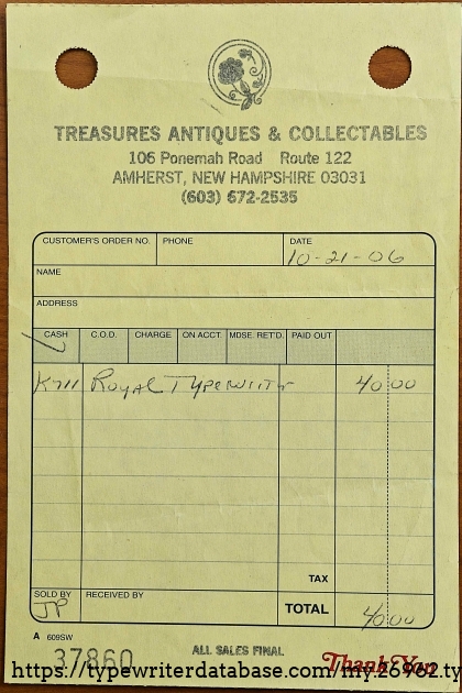 Sales receipt for my purchase of this typewriter on 10/21/2006.