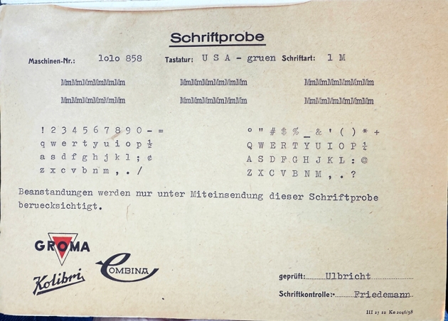 Groma "Combina" inspection test sheet...