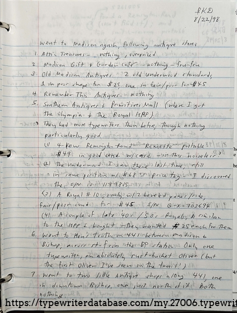 8-22-1998 trail notes, indicating my encounter with a Q-variant of a Royal 10, #Q-X-703694.