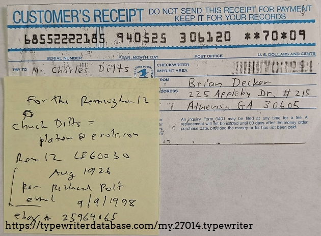 Postal money order to Chuck Dilt for purchase of this machine in September of 1998.
