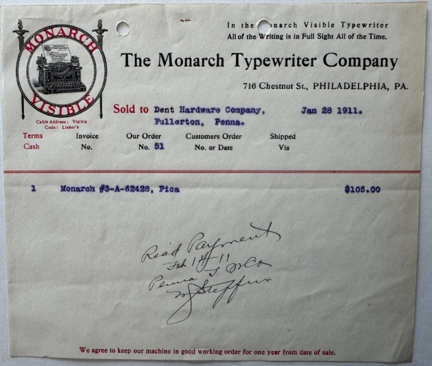 Sales slip dated Jan 28 1911, for sale of Monarch #3-A-62428 to the Dent Hardware Company, Fullerton, PA; out of the Philadelphia branch office to the Monarch Typewriter Company.