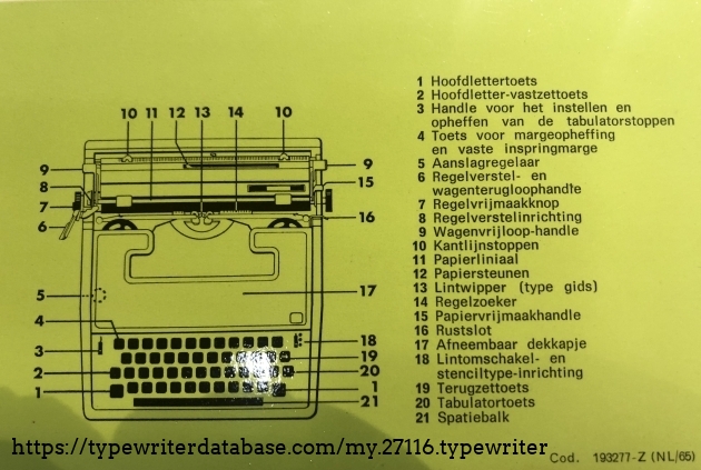 learn Dutch: 
6. Regelverstel- en wagenterugloophandle = carriage return lever.