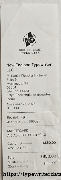 Sales receipt from New England Typewriter for the most expensive typewriter purchase I have ever made, as of 4-19-2026.