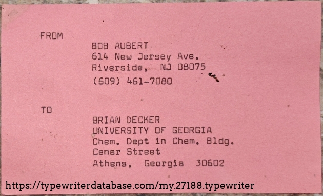 Bob Aubert's shipping label to me.