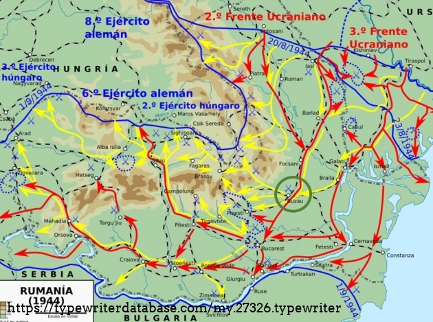 The evolution of the south east front from August 20, 1944 to September 1, 1944. The city of Buzau is indicated. In red the movement of the Red Army; in yellow the movement of the Romanian army: in blue the pocket of encircled Asse forces and the main battle. Buzau is in the green circle.