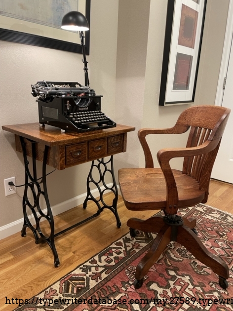 Accompanied by a banker&rsquo;s chair I restored and a typewriter table I made from the remains of an old sewing machine treadle table.