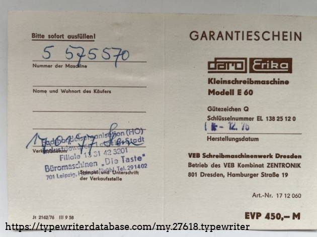 Detail: guarantee card