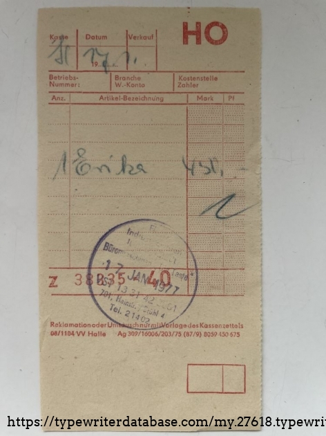 Detail: proof of purchase from HO (Handelsorganisation, "trading organisation") about 450,-- Marks. Be aware: The average monthly income in East Germany in the year of 1975 was 889 East German marks!