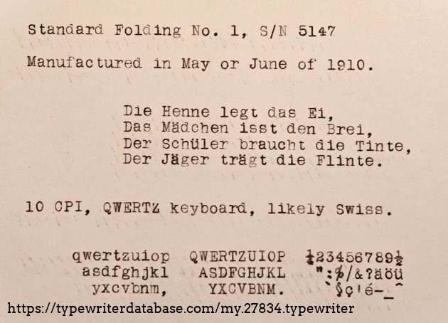 Typing sample.  The rhyme is from Schmidt and Glokke, Das Erste Jahr Deutsch, published in 1917 and 1923.