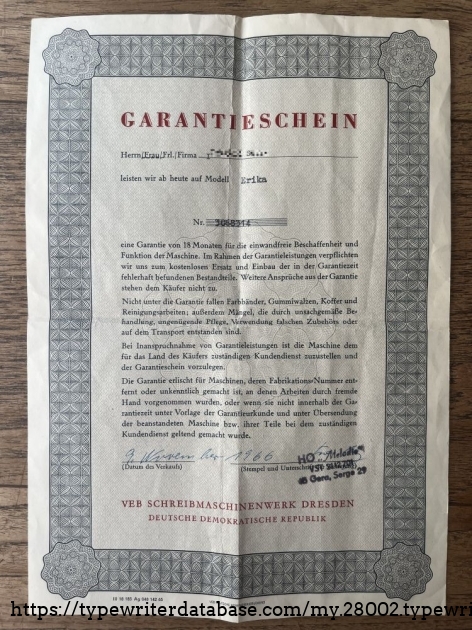 Detail: quality certificate with date of purchase: November, 9th, 1966. Remarkable. 23 years later, at the point, the Berlin Wall fell down.