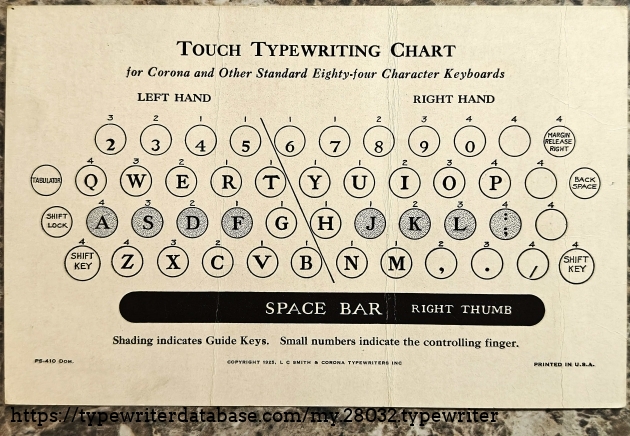 Typing chart that came with the machine; front side.