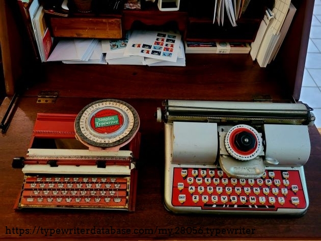 The Simplex 200 is shown here with another toy tin dial typewriter in my collection, the Berwin "Superior" typewriter. While the Simplex 200 was made from 1924-1932, the Berwin "Superior" was made in the 50's by Ellcraft Industires, Inc. which was based in NY and NJ. The Berwin features a more substantial roller for the paper and a punch button for stamping the characters.