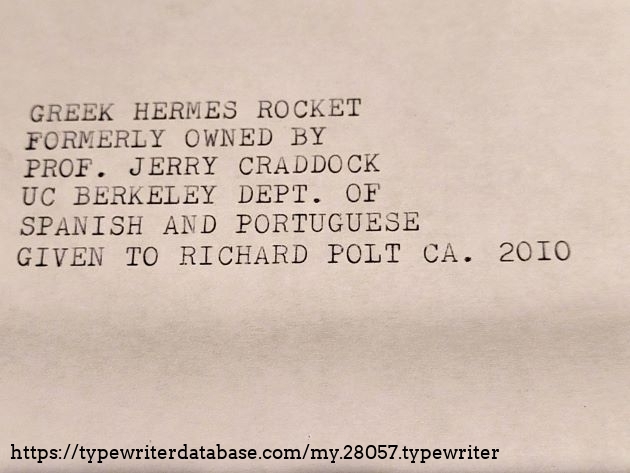 Note indicating the provenance of the typewriter.