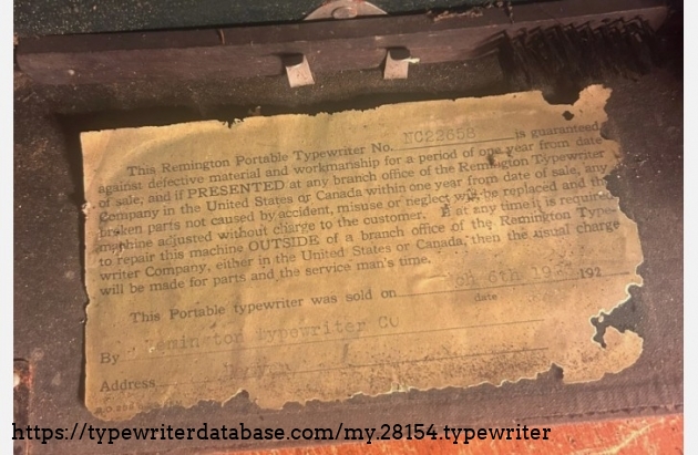 Warranty sticker, showing NC22658 as the S/N (the eBay listing does not include a direct image of the S/N on the machine).  Also indicates a sale date of March 6, 1923, as I read it.