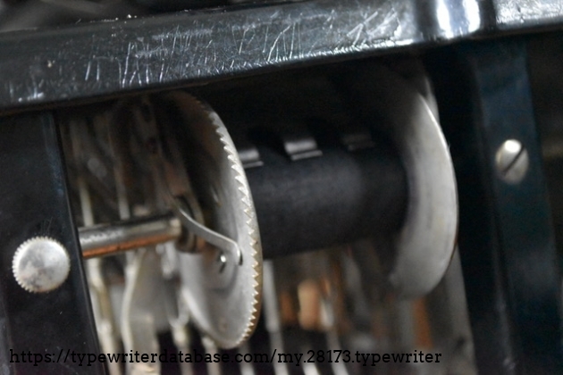 Ribbon spool closeup.  The only place I can find ribbon for this machine is Ribbons Unlimited.  This is 1.5 inch width 3 yard length black cotton ribbon.