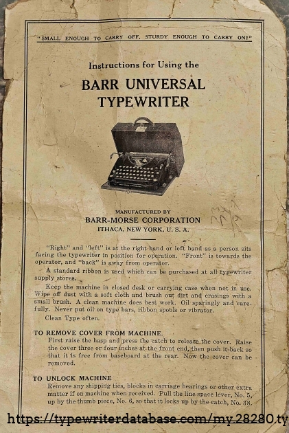 Barr Typewriter instruction guide, front page.