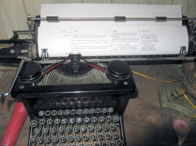 The super-long carriage is a bit crowded on my desk, but it's great for laying out the character stories in my novel project.