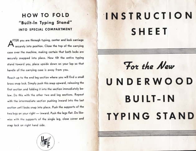 Underwood Instruction sheet for typing stand  (front and back page)