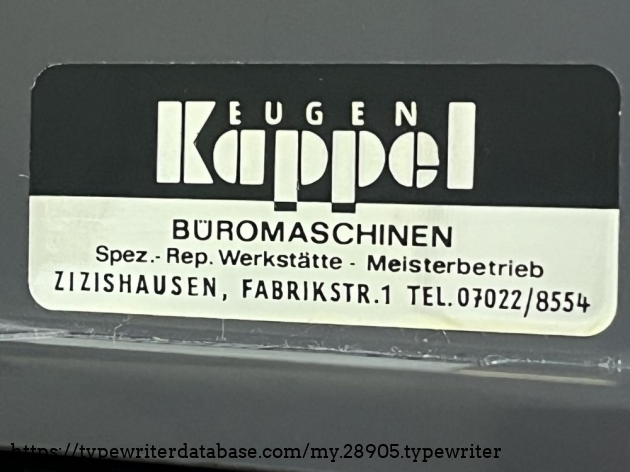 Detail: vendor badge: Eugen Kappel B&uuml;romaschinen, Spezial-Reparatur Werkst&auml;tte - Meisterbetrieb, Zizishausen (today: 72622 N&uuml;rtingen), Fabrikstra&szlig;e 1. The company still exists as "Kappel & Dierolf", 73240 Wendlingen.