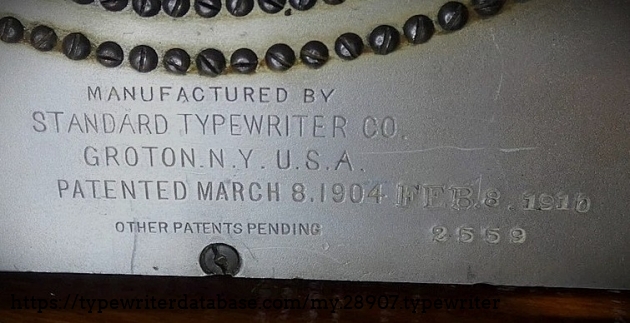 Crop showing serial number and patent dates in more detail.