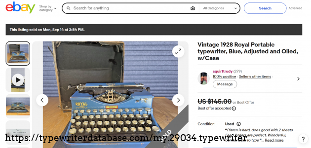 eBay main listing page showing sold status; sold same day, 9-14-2026.