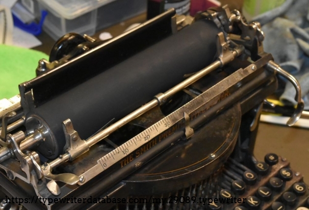 This is the platen in the normal, typing mode.  This is a blind writer, so you can't see what you just typed, as the slugs hit the paper and the platen from the bottom.