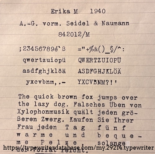 The typeface is a very nice one quite slim and spacing about 11.2 chars per inch. So this might be already a step towards that Pica used with the Erika 10. Character design is typical pre WW II. It changed a lot as you can see on my Erika 10 or Erika 20.