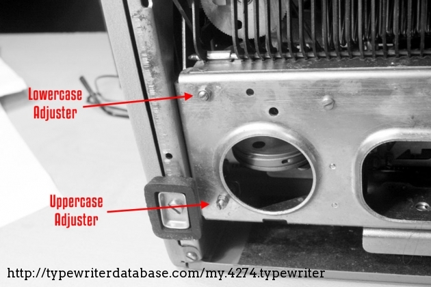 The typebasket case alignment adjusters are located in an extremely convenient place on the bottom of the machine. One of the more intricately engineered designs for segment-shifting I've seen. Seems to have been designed with extra complexity just so the adjusters could be placed conviniently.