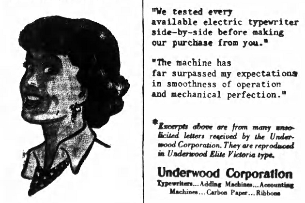 Montage from an add for the Underwood All Electric Typewriter, as found in the Nassau Daily Review-Star of Monday November 5, 1951. This identifies the typeface as Underwood Elite Victoria beyond reasonable doubt