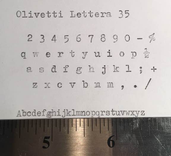 The Hermes 2000 sample is adjacent to the ruler. An Olivetti Pica sample is included in the photo for comparison purposes.