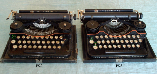 Note these differences between the 1922 and 1923 Underwood Standard Portable models:
1. the location of the shift locks, in green
2. the outline of the front panel, in orange
3. the shape of the basket and segment and how the typebars lie. This implies differences in linkages, though I haven't checked that yet.