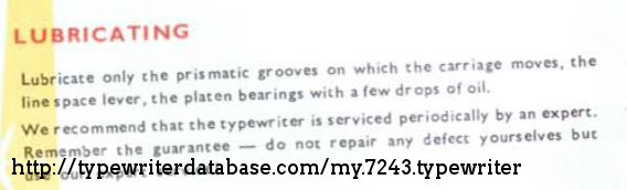 Never seen this before, oiling the platen bearings (where are they?) and oiling the line spacing lever, which is actually the carriage return handle as per the instructions, not the lever that changes to say 1,2,3 spacing.