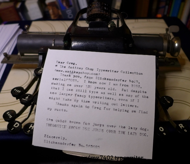 Letter written on typewriter thanking Greg at www.antikeychop.com for his help in double checking the date.