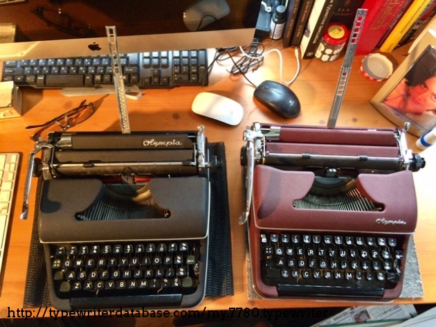 Major differences from my '58 SM2 at right are the slightly less colorful paper support, the upturned line space lever, the logo on the paper table instead of ribbon cover, and the tombstone keys that were inverted in later SM2s and up. Love this typer!!
