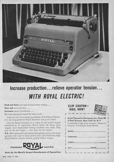 The ad I found for the RP series Royal Electric - this ad, or slight variations of it, is the only ad I have yet found for this machine. TIME appears to have been their preferred publishing location.